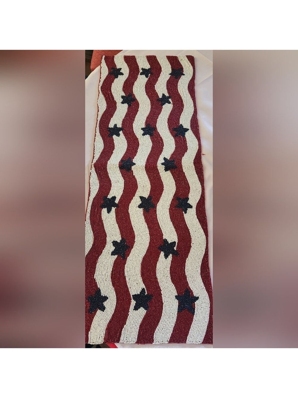 BNWT Pier 1 Patriotic Beaded Table Runner 36”x13” Stars & Stripes Hand Beaded